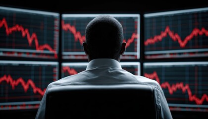 A focused individual analyzes market trends on multiple screens, emphasizing the intensity of financial decisions.