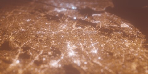 Street lights map of Newark (New Jersey, USA) with tilt-shift effect, view from west. Imitation of macro shot with blurred background. 3d render, selective focus