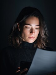 A focused woman reads a document under soft lighting, conveying concentration and contemplation.