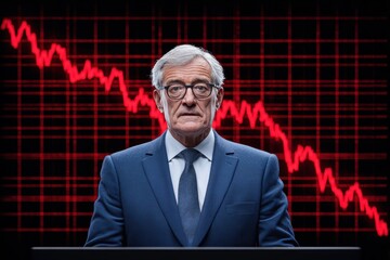 A solemn businessman stands against a backdrop of a declining stock market graph, representing financial challenges.