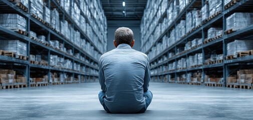 A thoughtful man reflects amidst vast shelves of a warehouse, symbolizing introspection and logistics.