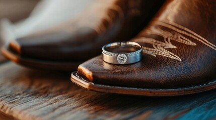 Wedding rings placed on a pair of vintage cowboy boots as a symbolic western-style detail 