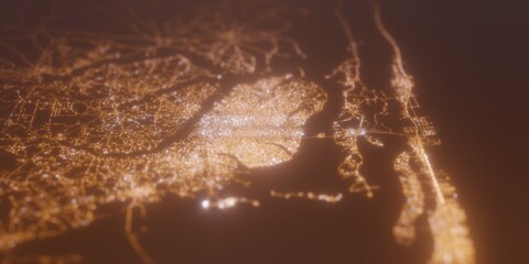 Street lights map of Porto Novo (Benin) with tilt-shift effect, view from west. Imitation of macro shot with blurred background. 3d render, selective focus