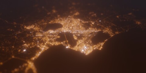 Street lights map of Tunis (Tunisia) with tilt-shift effect, view from east. Imitation of macro shot with blurred background. 3d render, selective focus