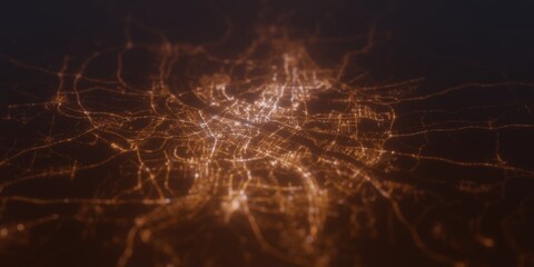 Street lights map of Wuhan (China) with tilt-shift effect, view from west. Imitation of macro shot with blurred background. 3d render, selective focus