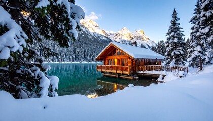 Winter lake cabin and snowy mountain views.