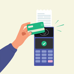 Hand holding credit card for payment bank application. Wireless, contactless or cashless payments. 