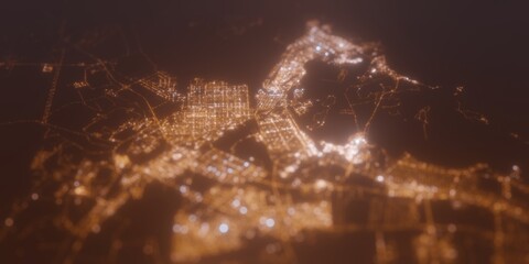Street lights map of Abu Dhabi (UAE) with tilt-shift effect, view from east. Imitation of macro shot with blurred background. 3d render, selective focus