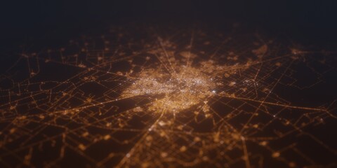 Street lights map of Faisalabad (Pakistan) with tilt-shift effect, view from south. Imitation of macro shot with blurred background. 3d render, selective focus