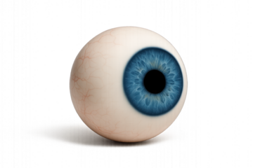 Close up of a white ball with a blue eye isolated on transparent background.