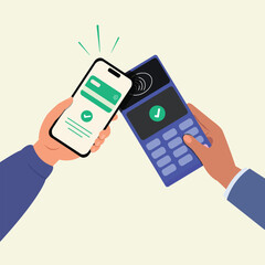 Hand holding mobile phone for payment in phone bank application. Wireless, RFID NFC, contactless or cashless payments. 