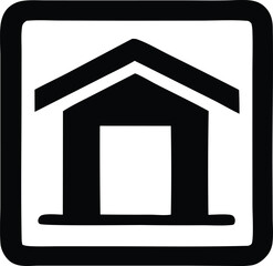 Simple black and white house icon inside a square frame