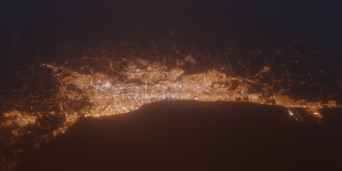 Street lights map of Santo Domingo (Dominican Republic) with tilt-shift effect, view from south. Imitation of macro shot with blurred background. 3d render, selective focus