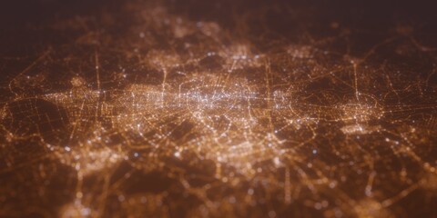 Street lights map of Eindhoven (Netherlands) with tilt-shift effect, view from west. Imitation of macro shot with blurred background. 3d render, selective focus