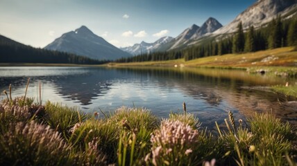 Alpine Lake Landscape Mountain Scenery Wildflowers and Reflection