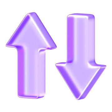 Minimal glassmorphism arrows pointing up and down representing direction, navigation, or data flow, 3d rendering