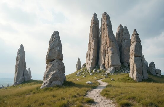 Manpupuner rock formations in Ural mountains. Weathered stone pillars stand on green grass hill under sky. Famous scenic travel destination in Komi Republic Russia. Popular scenic landscape.