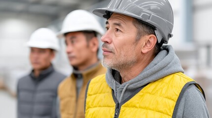 Construction worker wearing gray helmet and yellow vest, observing safety protocols with colleagues in background, showcasing teamwork and focus in industrial environment with modern architecture