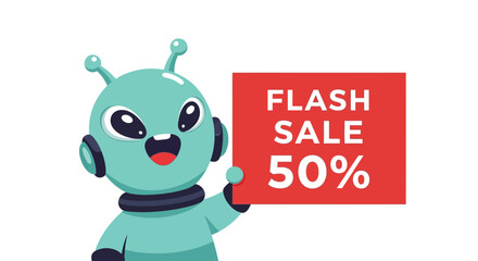 Cute Alien with Flash Sale 50% Sign - Cartoon Isolated