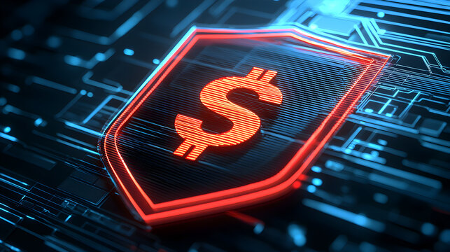 A digital shield with a glowing dollar sign symbolizes financial security and cybersecurity protection in a high-tech environment.