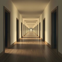 A long hallway with evenly spaced doors, all slightly ajar.