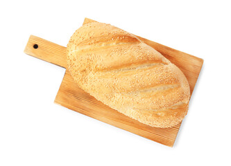 Loaf of bread with sesame seeds isolated on white, top view