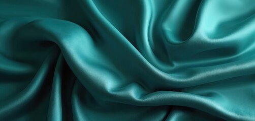 Fototapeta premium Close-up of elegant teal satin fabric. Smooth, glossy texture with graceful drapes, waves. Luxurious silk material perfect for fashion, design. Teal, turquoise, emerald colors.