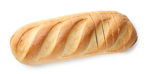 Cut loaf of bread isolated on white, top view
