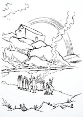 Obraz premium Vector drawing. Noah Offers a Sacrifice to God