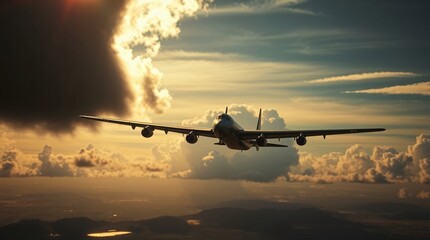 Airplane Flying Into the Sunset Amid Dramatic Clouds Over a Scenic Landscape