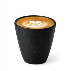 Close Up of Latte Art in Black Speckled Cup Against White Background