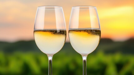 Two Glasses of White Wine at Sunset Over Vineyard