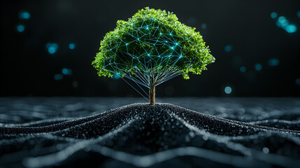 A glowing digital tree stands on a network of flowing data waves, symbolizing the fusion of nature and technology in a futuristic digital landscape.