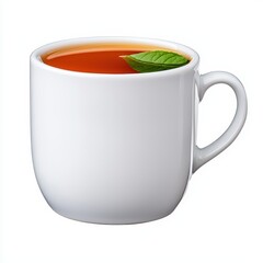 White Mug of Reddish Brown Tea with Green Leaf