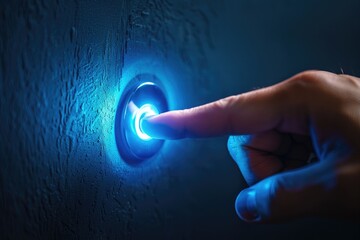 Close up of a finger turning on or off a glowing blue light switch against a dark, isolated background with copy space for a text message