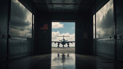 A view from an aircraft hangar showcasing a military aircraft on a runway under a cloudy sky, symbolizing service, aviation, and technical infrastructure.