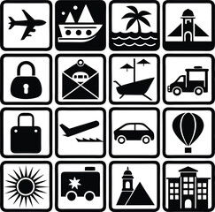 A collection of black and white travel and transportation icons in square frames