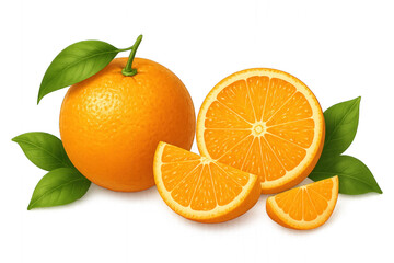 Group of ripe oranges with green leaves isolated on transparent background.