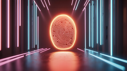 A glowing neon fingerprint floats in a dark corridor lined with vertical blue and pink lights, creating a futuristic and high-tech atmosphere.