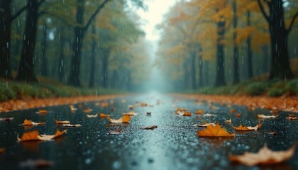 Fototapeta premium Rainy day autumn landscape. Wet road with fallen leaves. Forest trees, yellow foliage, wet asphalt. Nature season weather. Peaceful atmosphere. Atmospheric wallpaper or screensaver.