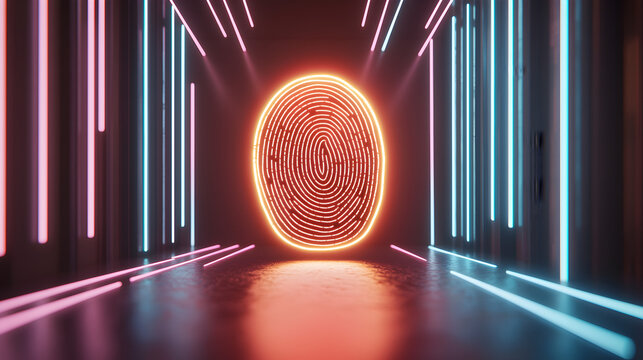 A glowing neon fingerprint floats in a dark corridor lined with vertical blue and pink lights, creating a futuristic and high-tech atmosphere.