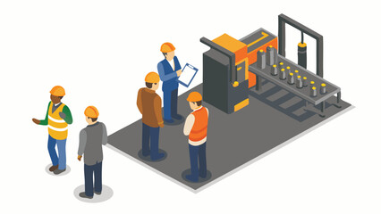 Isometric view of workers in hard hats inspecting machinery in a factory setting with a clipboard