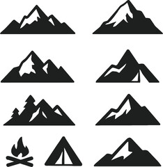 Solid black silhouette vector set for "Mountain" on a white background. Includes pictograms of mountain peaks, rocky cliffs, snow-capped summits, hiking trails, tents near mountains, campfires, and al © MORIUM JANNAT
