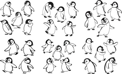 Minimalist Cartoon Baby Penguin Outline Set  Cute Black and White Penguin Illustrations in Various Poses Simple and Playful Line Art