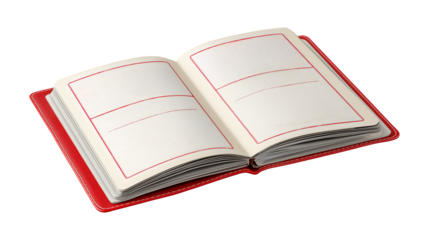 Open red notebook with lined pages perfect for school and study