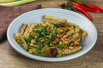 Asian cuisine baked eggplant with peanut