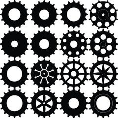 A collection of sixteen black and white gear silhouettes arranged in a grid pattern