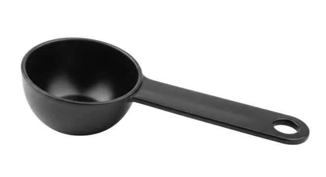 Angled View of a Black Plastic Coffee Measuring Scoop.