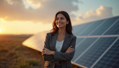 Latin woman investment manager examines solar panels at sunset. Confident businesswoman in suit outdoors. Renewable energy professional, clean eco tech, solar panel project, finance sustainability.