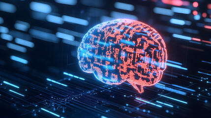A digital brain composed of glowing red and blue data points floats above a dark, futuristic circuit board background.